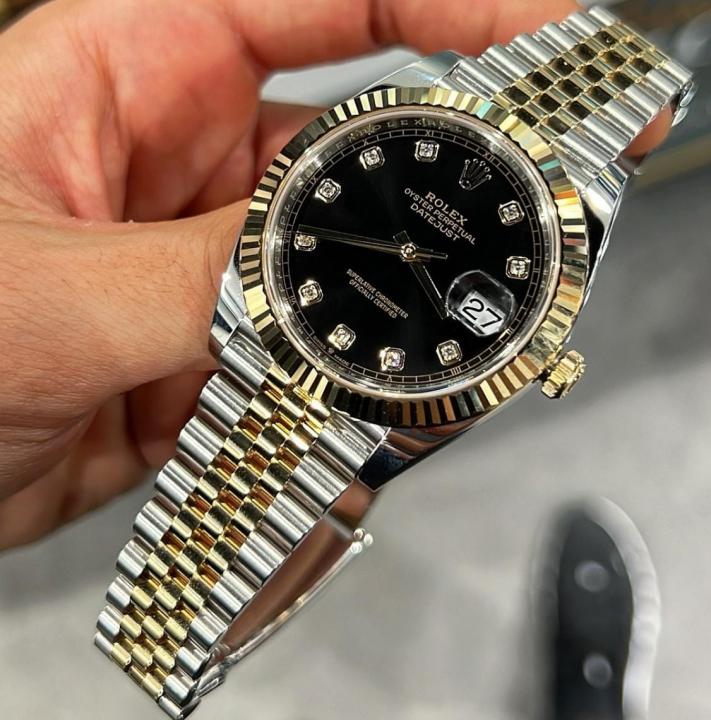 Rolex Oyster Perpetual Date Just Diamond 2 Ton-Gold-Black Working Like Automatic