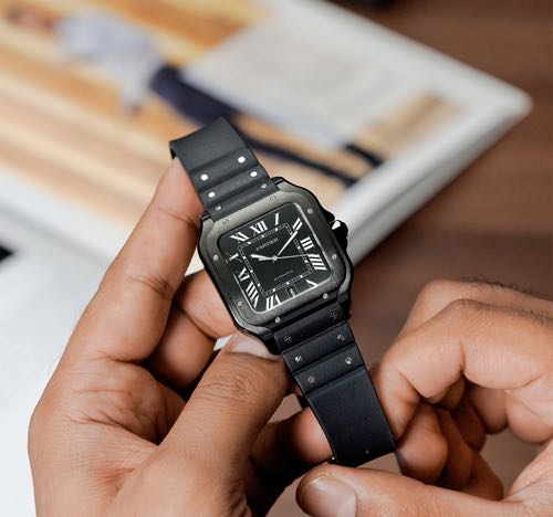 CARTIER SANTOS BLACK AUTOMATIC RUBBER STRAP